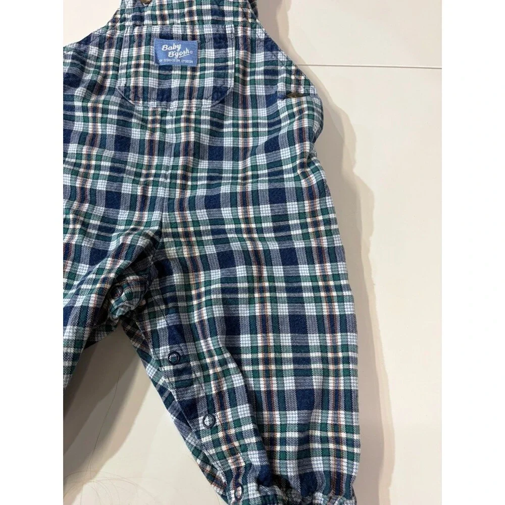 Vintage OshKosh Blue Green White Plaid Cotton Bib Overalls One-Piece 12m